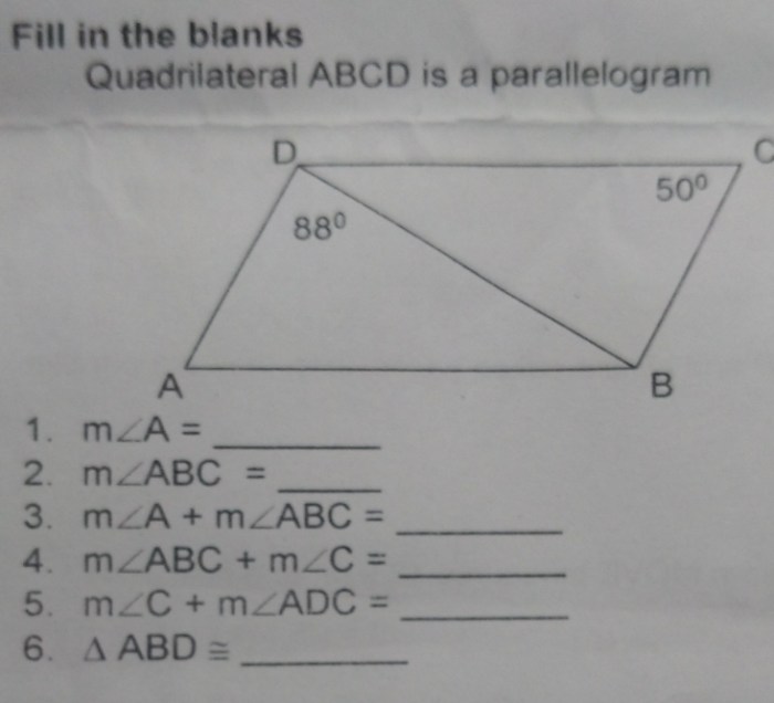 Carolyn drew a rhombus abcd. fill in the blanks